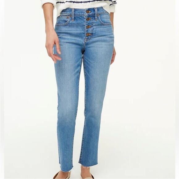 J. Crew Essential Straight Leg Raw Hem High Rise Button Fly Denim Jeans 28 BO650 - Picture 1 of 14